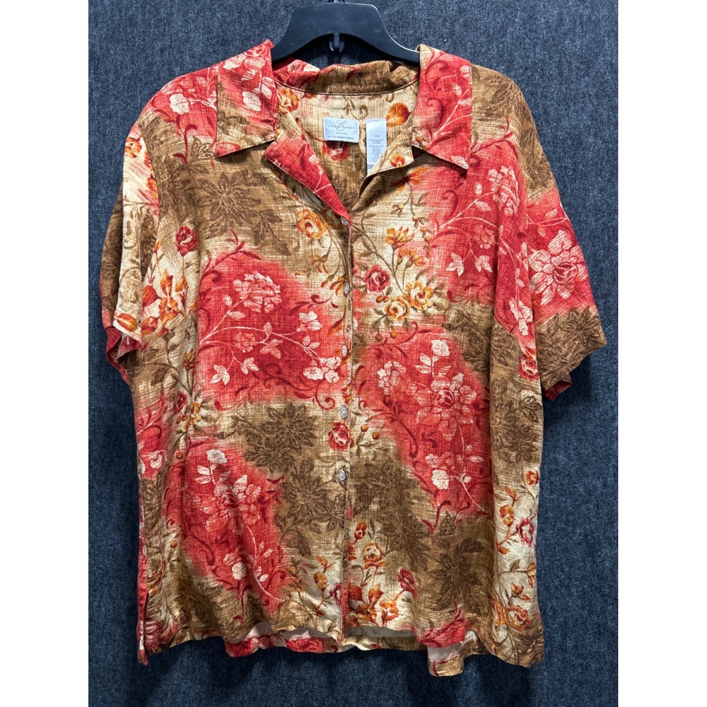Emma‎ James Button Up Shirt Women 16W Brown Floral Linen Blend Camp Top Boho